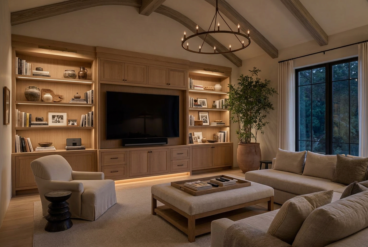 Family room with built-in oak media wall