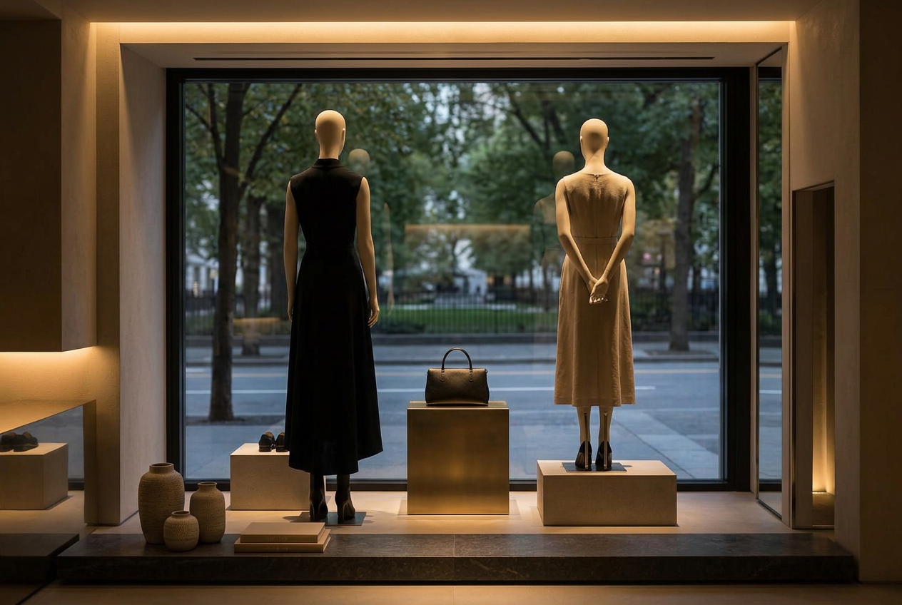 Detail of an elegant retail window display with layered lighting and risers